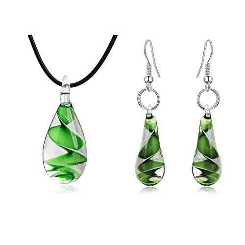 Glass Water Drop Shape Glaze Spiral Dangle Earrings Necklace Lampwork Handmade Glass Bead Geometric Earrings for Women Jewelry-Geen Earring&Necklace