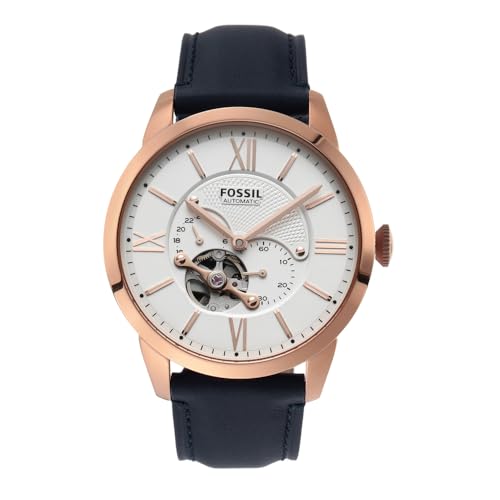 Fossil Montre pour hommes Townsman, mouvement automatique, boîtier en acier inoxydable or rose de 44 mm avec bracelet en cuir, ME3171