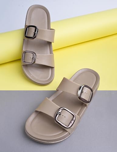 Image of Creattoes Women & Girls Comfort Slide Sandals | Triple Buckle Slip-On Flats | Soft Cushioned Anti-Skid Sole for Casual Wear | CR82