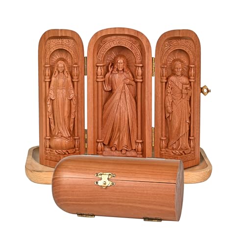 bgcarpenter Wooden Portable Altar - Statue of Jesus, Virgin Mary
