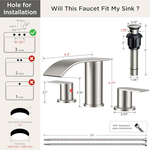 FORIOUS Upgrade Bathroom Faucets 3 Hole Brushed Nickel, Waterfall 8 Inch Widespread Bathroom Sink Faucet with Pop-up Drain and Supply Lines, Two Handles for Vanity, Farmhouse, School Restroom Sink by FORIOUS - Used condition - Image 2