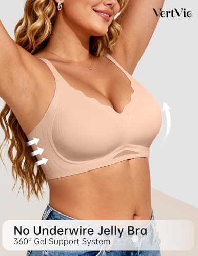 Image of Vertvie Jelly Bras for Women No Underwire Supportive | Seamless Wireless Bralette, Cool Breathable Mesh, Push Up Scalloped V-Neck, Full Coverage Tshirt Bra, Soft Comfortable