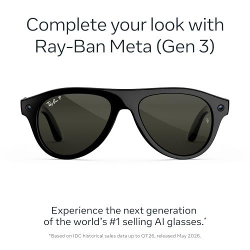 Image of Meta Ray-Ban (Gen 3) Aviator, Shiny Black, Polarised Green Lenses, AI Glasses with Camera for Men, Women