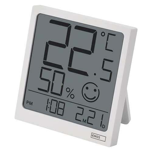 EMOS digitales Raumthermometer und Hygrometer mit Uhr- und Datumanzeige zum Aufstellen/Aufhängen - LCD Display mit Anzeige von schwacher Batterie und Komfortsymbol - für Innen - inkl. Batterie - weiß