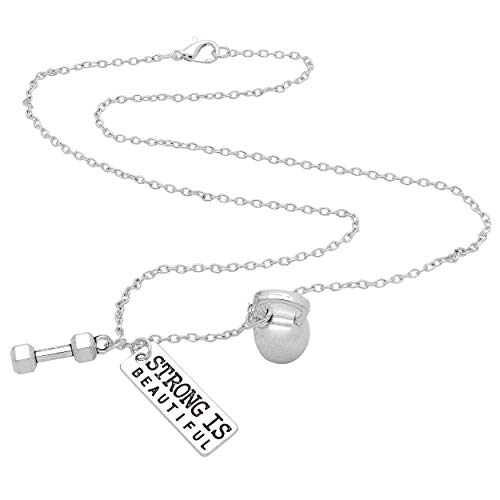 Art Attack Strong Is Beautiful Workout Gym Chain Necklace, Barbell Dumbbell Weight Exercise Victorious Brave Smart Wonderful Pendant Charm (Silver)2