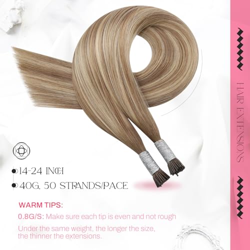 Image of Moresoo Itip Human Hair Extensions, Sun-Kissed Blonde Light Brown, 14 Inch | 40g 50 strands, stick-tip design for micro ring installation, itip human hair extensions for weddings and styled looks