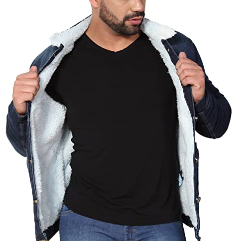 Jaqueta Jeans Masculina Forrada Pelos Pele Pelinho Grossa (G, AZUL ESCURO)