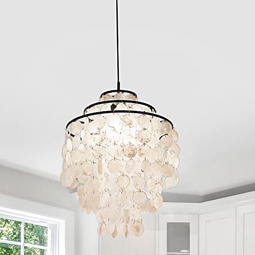Poserion 3-Light Natural Capiz Shells Round Chandelier Modern Beach Theme Pendant Lamp Ceiling Hanging Fixture For Dining Room Dining Table, Bedroom, Kitchen, Black Painted, D16 X H20 #TOP5