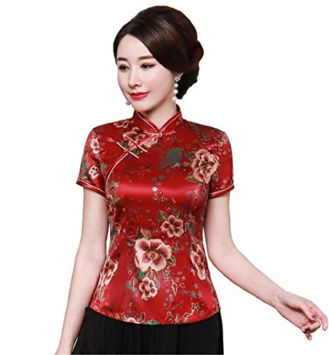 ACVIP Women's Flower Print Cheongsam Top Stand Collar Short Sleeve Chinese Blouse (UK 16/Chinese 3XL, Red-1)