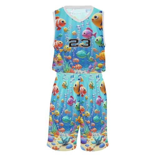 FLildon Colorful Sea Fishes Boys Basketball Jersey Set Tank Top Shorts Tracksuit Sport Training Suit for Kids