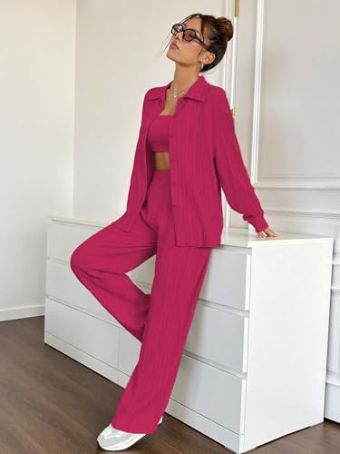 Image of Shasmi Women's 3-Piece Co-ord Set - Solid Button Front Shirt, Strapless Tube Top & Wide Leg Pants | Casual Loose Fit Western Outfit for Daily Spring /Fall Wear (Co-Ord-208)