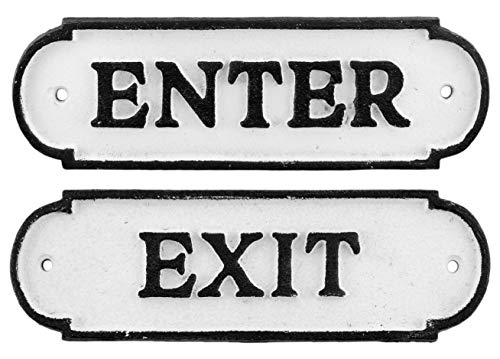 AuldHome Enter/Exit Door Signs (Set of 2); Cast Iron Farmhouse Style Signs