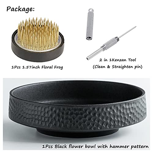 Japanese Ikebana Vase Kit, Flower Shallow Container Ceramics Ikebana Vase With 1.57Inch Flower Frog And Floristry Floral Frog Kenzan Needle Straightening Tool (Hammer Pattern Bowl) #TOP6