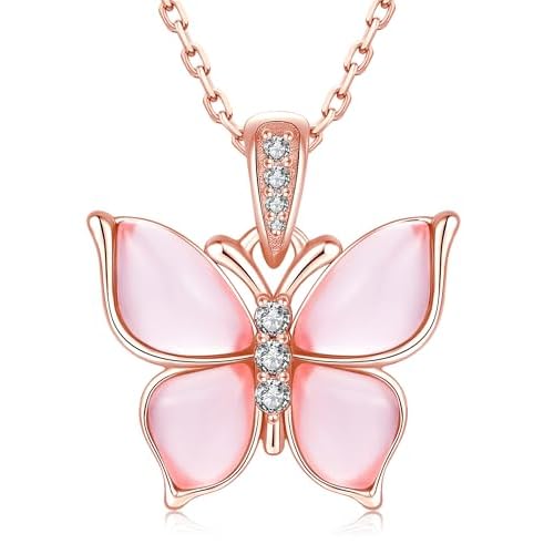 925-Sterling-Silver Blue-Glass Butterfly Necklace for Woman - Cute Insect Zircon Butterfly Pendant，A Beautiful Christmas Gift for Mom, a Valentine's Gift for Wife and Her Pink