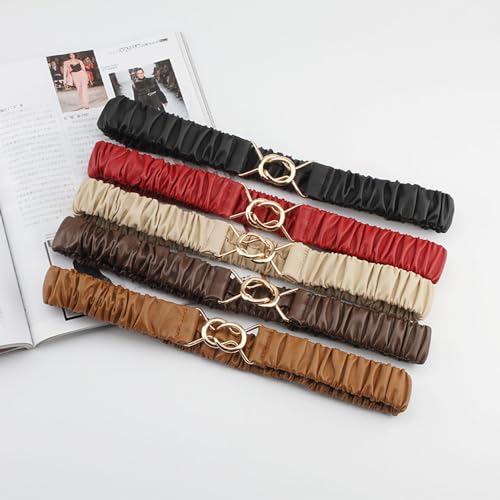 Women's Stretch Soft Leather Waist Belt Pleated Thin Full Elastic with Gold Buckle Corset for Youth Girl Dress2