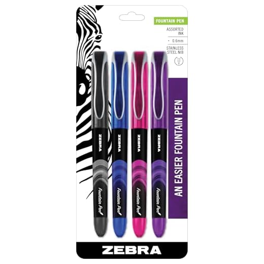 Conjunto de canetas-tinteiro Zebra Pen, ponta fina 0,6 mm, cores sortidas, tinta não tóxica, ponta de aço inoxidável, descartável, pacote com 4 (48304)