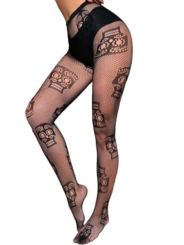 Image of CanB Skull Fishnet Stockings Sexy High Waist Tights Halloween Pumpkin Thigh High Pantyhose for Women