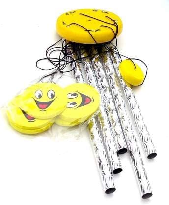 Pseudo Metal Wind Chime for Home Decoration 5 Pipe 6 Smiley Face with Positive Energy for Home Balcony Bedroom with Great Sound Yellow Color Steel, Wood Windchime