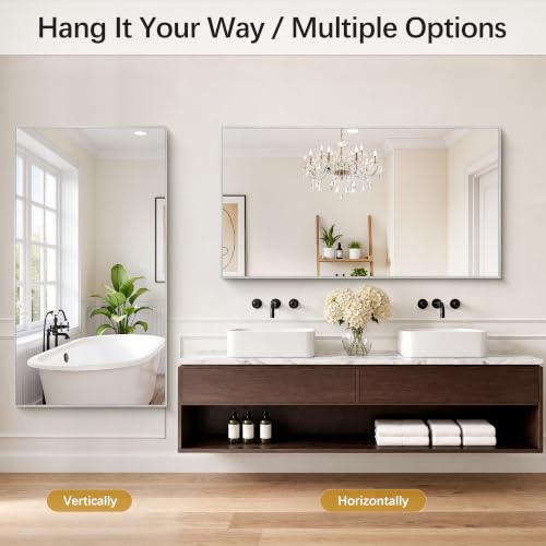 Image of DESBING 30 inch x 55 inch Bathroom Mirror, Silver Metal Frame Wall Mirror