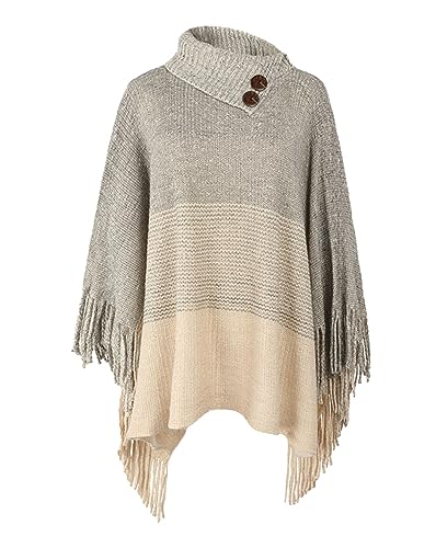 JFAN Poncho Mujer Capa Mujer Invierno de Cuello Alto Cálido Capas de Rayas Grandes y Flecos Moda Suelto Poncho,Beige,Talla única