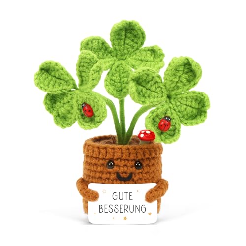 HUKUMA Glücksbringer Gestrickte Vierblättriges Pocket Hug Positive Gehäkelte Blume Gute Besserung Geschenke Häkelblumen genesungsgeschenke Mutmacher Geschenk für Freund Freundin Kollegen