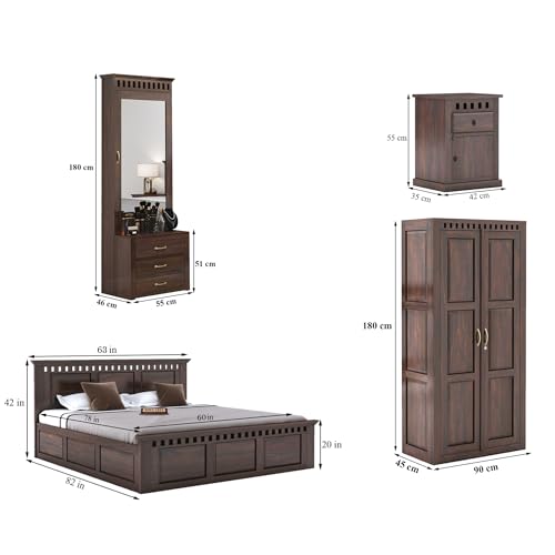 Image of SONA ART & CRAFTS Kuber Solid Sheesham Wood Bedroom Set | Queen Size Bed with Box Storage, Wardrobe, Dressing Table & Two Bedside Tables - Walnut Finish (Assembly Included)