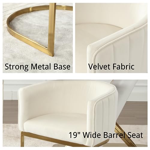 مجموعة كراسي طعام مخملية عصرية من دي ام فيرنتشر، مجموعة من كرسيين معاصرين للمطبخ وغرفة الطعام مع اذرع منجدة باطار معدني بعرض 21 انش لغرفة النوم/غرفة المعيشة، لون كريمي