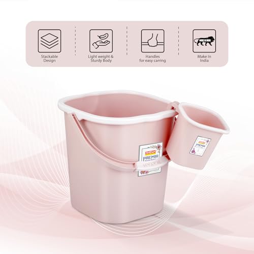 Image of RATAN PLASTICWARE Premia Bathroom Set (Bucket 5L X 1) + (Bucket 18L X 1) + (Mug 1.5L X 1) + (Small Stool X 1) - Diaso Pink|Easy to Carry | Perfect for Use in Bathrooms, Kitchen & Wet Utility Areas