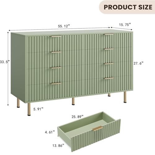 8 Drawer Dresser for Bedroom, Fluted 55" Wide Modern Chest of Drawers with Deep Drawers, Wooden Dresser Organizer for Living Room, Hallway, Kids Room, Green