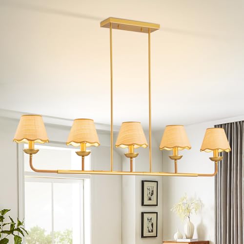 Boho Kitchen Island Lighting Fixture, Linear Rustic 55 Inch Gold Rattan Chandeliers with Boho Rattan Shades, Pendant Lights Kitchen Island for Dining Room Living Room and Kitchen Table 5-Lights