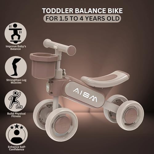 Image of Super Glide Balance Bike with Basket | Toddler First Ride-On Bike | Non-Pedal 4-Wheel Push Bike | Lightweight & Sturdy Design for Boys & Girls | Ideal for 1-3 Years Old (Brown : KB-079)