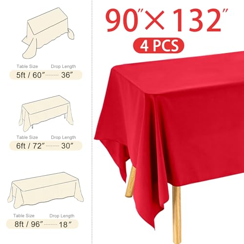 Image of 4 Pack Rectangle Tablecloth 90x132Inch Red Washable Polyester Table Cover for Wedding Dining Table Buffet Parties Banquet Decoration(Red)