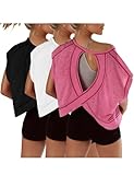 Womens 3 Pack Open Back Tops Casual Short Sleeve Workout Shirts Y2k Crop Athletic Tops Gym Yoga Running Tees(Black&White&Rosered,S)