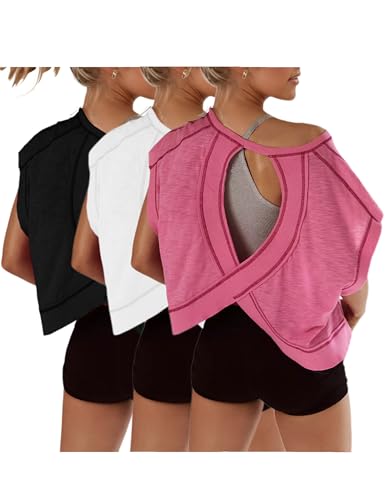 Womens 3 Pack Open Back Tops Casual Short Sleeve Workout Shirts Y2k Crop Athletic Tops Gym Yoga Running Tees