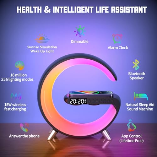 Wireless Charger Atmosphere Lamp, 2025 New Intelligent LED Table Lamp, Bluetooth Speaker, Dimmable Night Light Bedside Lamp Alarm Clock with Music Sync, App Control for Bedroom Home Decor Gift (Black) - Image 5