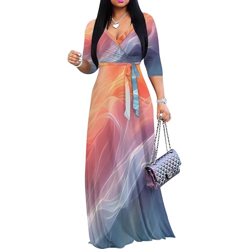 PinkPatty Women's Plus Size Maxi Dresses 3/4 Sleeves Bohemian Long Dress Printed Swing Dress with Belt