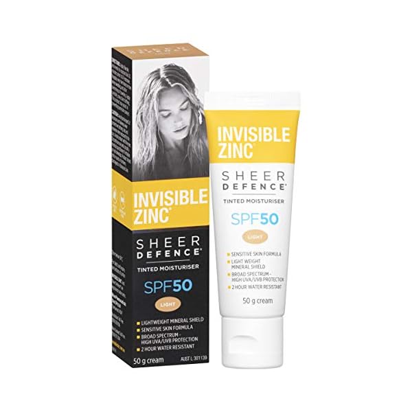Invisible Zinc Sheer Defence Tinted Light - Daily Facial Moisturizer With Sun Protection SPF 50 To Prevent The Appearance Of Premature Aging Caused by Harmful UV Rays - 50g