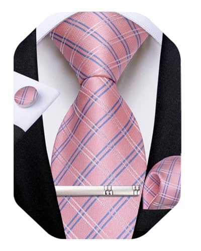 Image of DiBanGu Plaid Ties for Men Silk Checkered Necktie and Pocket Square Cufflinks Tie Clip Set with Gift Box for Wedding Business