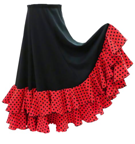 Genérico Falda Flamenca Niña,Ideal para Baile Flamenco y Sevillanas Danza Disfraz (FR/ES, Edad, 4 años, Regular, Negro Rojo Lunares Negro 2 Volante)