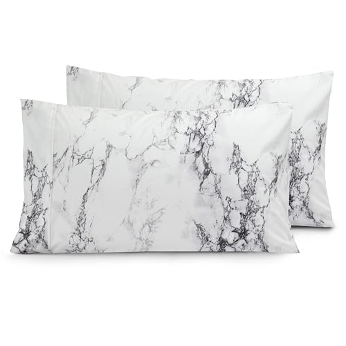 Image of Elegant Comfort Luxury Ultra-Soft 2-Piece Pillowcase Set - 1500 Premium Hotel Quality Microfiber Double Brushed - Wrinkle Resistant, King Size, Marble Pattern White