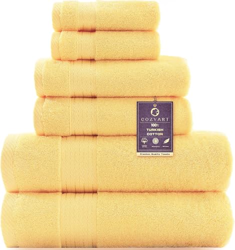 COZYART Yellow Luxury Bath Towel Set Turkish Cotton Hotel Towel Bulk for Bathroom Thick Bathroom Set of 6 Pcs with 2 Large Bath Towels 2 Hand Towels 2 Washcloths 650 GSM.