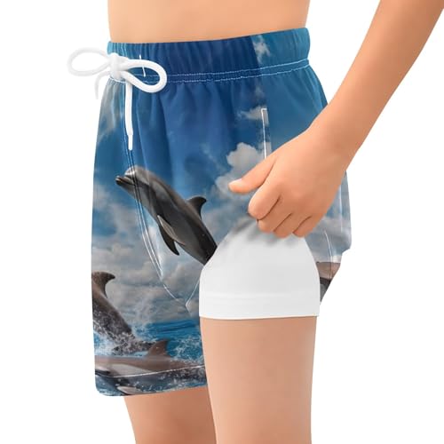 Dolphins Jumping Ocean Boys Swim Trunks with Compression Liner Quick Dry Bathing Bottom Kids Beach Shorts2