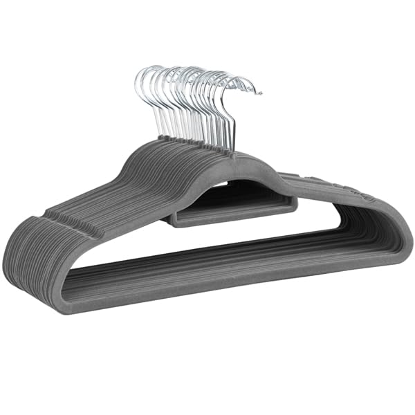 Yaheetech Lot de 100 Cintres en Velours Antidérapants, Longeur 45cm, avec Barre de Cravate，Cintres Peu Encombrants pour Costumes/Chemises/Robe/Pantalon, Gris