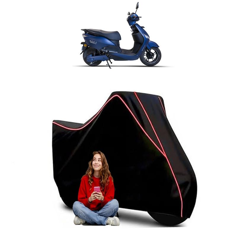 Image of Electric Optima CX Scooty Bike Cover Water Resistant Outdoor Use Universal Fit Scooters Motorcycles Heavy Duty UV Protection Dust Rain Scratch Resistant Elastic Bottom Black Blue Piping