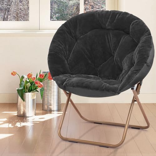 Athena Collection Folding Faux Fur Saucer Chair for Living Room and Bedroom, Black