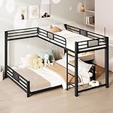 PUGSDRLY Lit Mezzanine en métal 90x200cm/140x200cm, Cadre de lit compacte avec barrières, idéal pour Chambre étudiante, lit superposé en L pour Petite Surface, Chambre d’appoint