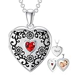 SOULMEET Personalized Sterling Silver Sunflower Birthstone Locket Necklace That Holds 1 Picture Photo Heart Locket with Cubic Zirconia Ruby Crystal (Custom photo & text)