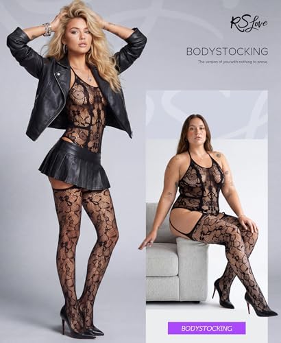 RSLOVE Women Fishnet Bodystocking Attached Stockings Sexy Lingerie Crotchless Bodysuit One Piece Babydoll One Size Black — view 3