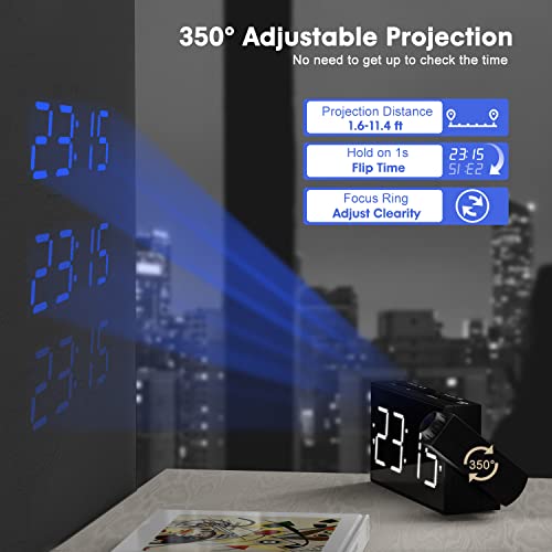 Projection Digital Alarm Clock On Ceiling Wall, Led Alarm Clock For Bedrooms With Usb Charger Port, 350° Projector,Dimmer,12/24H & Dst,Battery Backup, 7.5’’ Dual Loud Alarm Clock For Heavy Sleeper #TOP2