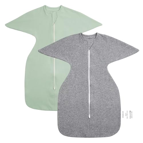 Image of LOVABYLUCK 2 Pack Set Baby Transition Swaddle Sack, 100% Cotton Sleep Sack, 2-Way Zipper Baby Wearable Blanket, Transitional Swaddle for 3-6 Month 1.0 TOG Grey and Mint Green Medium